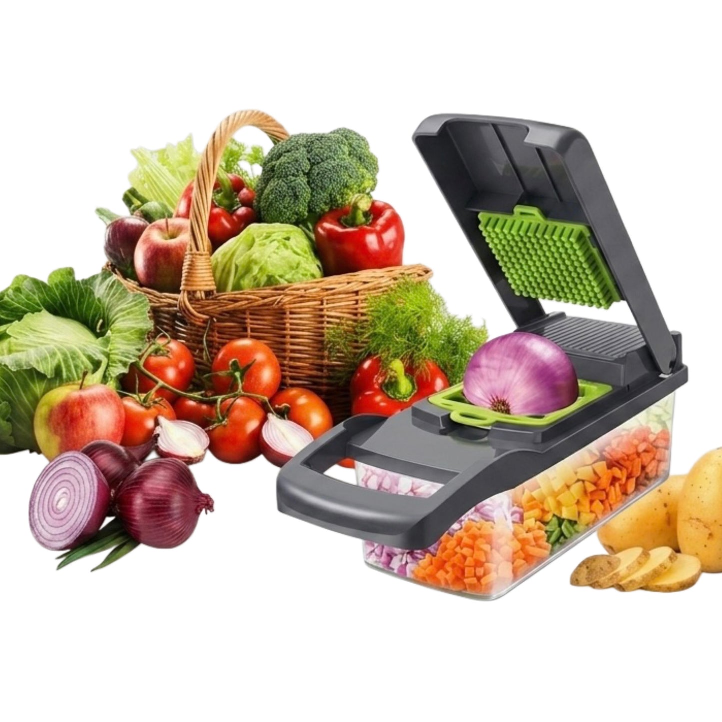 Set Multifuncțional 16 în 1 Tăietor Legume și Fructe, Mandolină cu 8 Lame și Accesorii, Gri