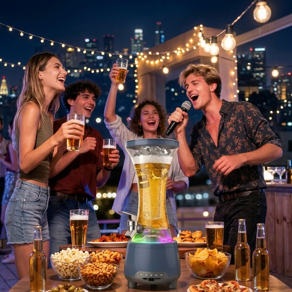 Dozator de Băuturi Multifuncțional PartyTower – Cu Boxă Bluetooth, Lumini Ambientale LED și Microfon Inclus