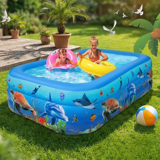 Piscină Gonflabilă pentru Copii și Familie AquaWorld 210X130X56 – Design Ocean cu Delfini și Țestoase, Dreptunghiulară