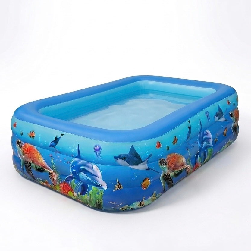 Piscină Gonflabilă pentru Copii și Familie AquaWorld 210X130X56 – Design Ocean cu Delfini și Țestoase, Dreptunghiulară